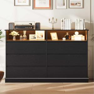 GAOMON Black Dresser for Bedroom with 6 Drawers, Modern Chest Featuring LED Lights and Charging Station, Spacious Storage Cabinet with Open Space for Living Room or Hallway