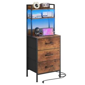 Fixwal 41 Inch Tall Nightstand with Charging Station, Led Night Stand with U-S-B Port & Socket, 3 PU Finished Fabric Storage Drawers, Office, Bedside Table & Bookshelf in One, Rustic Brown