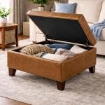 HomePop Faux Leather Square Storage Ottoman with Wood Legs, Brown