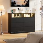 GAOMON Black Dresser for Bedroom with 6 Drawers, Modern Chest Featuring LED Lights and Charging Station, Spacious Storage Cabinet with Open Space for Living Room or Hallway