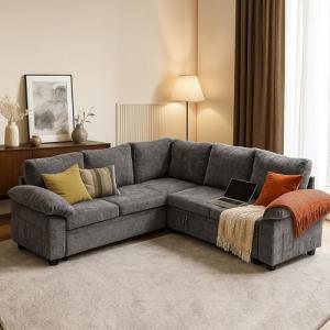 GARTMILAN Modular Sectional Sofa with Pull Out Bed Sleeper Sofa L Shaped with Storage, Sectional Couch for Living Room Convertible Sofa Bed with Removable Sofa Cover(5 Seats Grey)