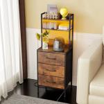 Fixwal 41 Inch Tall Nightstand with Charging Station, Led Night Stand with U-S-B Port & Socket, 3 PU Finished Fabric Storage Drawers, Office, Bedside Table & Bookshelf in One, Rustic Brown