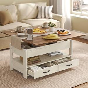 VASAGLE Coffee Table Lift Top, 3 in 1 Center Table with Storage, Gas Spring, 2 Drawers and 3 Hidden Compartments, Open Shelf, for Living Room, Home Office, Honey Brown and Rustic White ULCT254W01