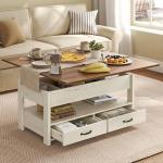 VASAGLE Coffee Table Lift Top, 3 in 1 Center Table with Storage, Gas Spring, 2 Drawers and 3 Hidden Compartments, Open Shelf, for Living Room, Home Office, Honey Brown and Rustic White ULCT254W01