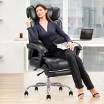 High Back Office Chair with Adjustable Headrest, Retractable Footrest & Lumbar Pillow, Ergonomic Bonded Leather Executive Desk Chair, Thick Padded Cushion, 90–135° Reclining Chair for Home OfficeBlack