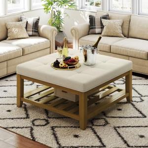 Befurtori Large Square Ottoman Coffee Table, Linen Solid Upholstered Footrest Ottoman with Solid Wood Shelf Storage Tufted Coffee Table for Bedroom Living Room, Ivory