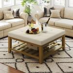 Befurtori Large Square Ottoman Coffee Table, Linen Solid Upholstered Footrest Ottoman with Solid Wood Shelf Storage Tufted Coffee Table for Bedroom Living Room, Ivory