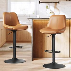 VASAGLE Bar Stools Set of 2, Adjustable Height Swivel Barstools with Ergonomic Backrest, Synthetic Leather, Larger Metal Base, Modern Tall Bar Chairs for Kitchen Island Home Bar, Caramel Brown
