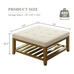 Befurtori Large Square Ottoman Coffee Table, Linen Solid Upholstered Footrest Ottoman with Solid Wood Shelf Storage Tufted Coffee Table for Bedroom Living Room, Ivory