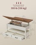 VASAGLE Coffee Table Lift Top, 3 in 1 Center Table with Storage, Gas Spring, 2 Drawers and 3 Hidden Compartments, Open Shelf, for Living Room, Home Office, Honey Brown and Rustic White ULCT254W01