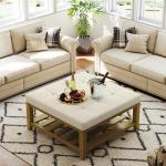 Befurtori Large Square Ottoman Coffee Table, Linen Solid Upholstered Footrest Ottoman with Solid Wood Shelf Storage Tufted Coffee Table for Bedroom Living Room, Ivory