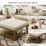 Befurtori Large Square Ottoman Coffee Table, Linen Solid Upholstered Footrest Ottoman with Solid Wood Shelf Storage Tufted Coffee Table for Bedroom Living Room, Ivory