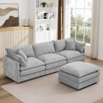 Grey Sectional Modular Sofa Cloud Couch, 105" Modern Convertible L-Shape Sofa Deep 3-Seater Soft Chenille Comfy Upholstered with Removeable Ottoman Set and Removable Cushions for Living Room