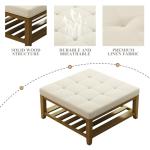 Befurtori Large Square Ottoman Coffee Table, Linen Solid Upholstered Footrest Ottoman with Solid Wood Shelf Storage Tufted Coffee Table for Bedroom Living Room, Ivory