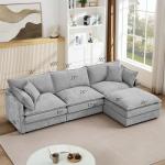 Grey Sectional Modular Sofa Cloud Couch, 105" Modern Convertible L-Shape Sofa Deep 3-Seater Soft Chenille Comfy Upholstered with Removeable Ottoman Set and Removable Cushions for Living Room