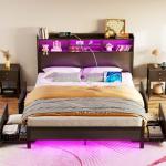 Rolanstar Queen Bed Frame with Storage Headboard, Metal Platform Charging Station, LED 4 Drawers, Bookcase Storage, No Box Spring Needed, Easy Assembly, Noise-Free, Black