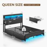 Rolanstar Queen Bed Frame with Storage Headboard, Metal Platform Charging Station, LED 4 Drawers, Bookcase Storage, No Box Spring Needed, Easy Assembly, Noise-Free, Black