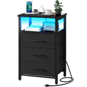 Yoobure Night Stand with Charging Station, 16 Colors LED Nightstand with USB Ports and Outlets, End Table with 3 Fabric Drawers and Storage Shelf, Bedside Tables Small Dresser for Small Space, Black