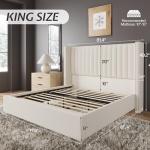 Jocisland King Size Bed Frame Upholstered Platform Bed with Tall Headboard Wingback, Velvet Vertical Channel Tufted, No Box Spring Needed, Easy Assembly, Cream