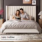 Jocisland King Size Bed Frame Upholstered Platform Bed with Tall Headboard Wingback, Velvet Vertical Channel Tufted, No Box Spring Needed, Easy Assembly, Cream