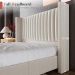 Jocisland King Size Bed Frame Upholstered Platform Bed with Tall Headboard Wingback, Velvet Vertical Channel Tufted, No Box Spring Needed, Easy Assembly, Cream
