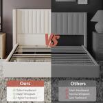 Jocisland King Size Bed Frame Upholstered Platform Bed with Tall Headboard Wingback, Velvet Vertical Channel Tufted, No Box Spring Needed, Easy Assembly, Cream