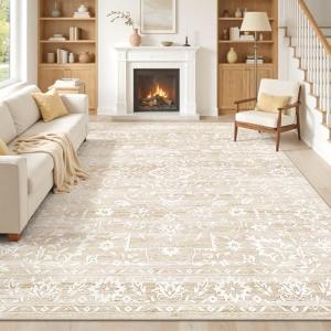 Beige Floral 8x10 Washable Area Rug