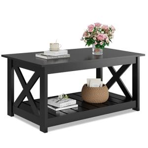 WLIVE Farmhouse Coffee Table for Living Room, 40.1" Rustic Center Table with X-Frame Support & Storage Shelf, 2-Tier Wood Coffee Tables for Bedroom & Balcony, Charcoal Black