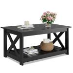 WLIVE Farmhouse Coffee Table for Living Room, 40.1" Rustic Center Table with X-Frame Support & Storage Shelf, 2-Tier Wood Coffee Tables for Bedroom & Balcony, Charcoal Black