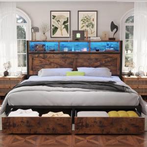 Fastroby Farmhouse King Bed Frame with Bookcase Headboard and Storage Drawers, LED Lights and Charging Station, No Box Spring Needed, Noise Free, Rustic Brown