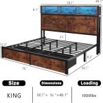 Fastroby Farmhouse King Bed Frame with Bookcase Headboard and Storage Drawers, LED Lights and Charging Station, No Box Spring Needed, Noise Free, Rustic Brown