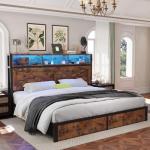 Fastroby Farmhouse King Bed Frame with Bookcase Headboard and Storage Drawers, LED Lights and Charging Station, No Box Spring Needed, Noise Free, Rustic Brown