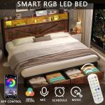 Fastroby Farmhouse King Bed Frame with Bookcase Headboard and Storage Drawers, LED Lights and Charging Station, No Box Spring Needed, Noise Free, Rustic Brown