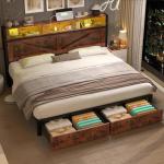 Fastroby Farmhouse King Bed Frame with Bookcase Headboard and Storage Drawers, LED Lights and Charging Station, No Box Spring Needed, Noise Free, Rustic Brown