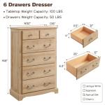 T4TREAM 6 Drawers Dresser Chests for Bedroom, 48" Tall Rustic Chset of Drawers, Wood Dressers Organizer for Bedroom, Living Room,Hallway, Natural Oak