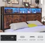 Fastroby Farmhouse King Bed Frame with Bookcase Headboard and Storage Drawers, LED Lights and Charging Station, No Box Spring Needed, Noise Free, Rustic Brown