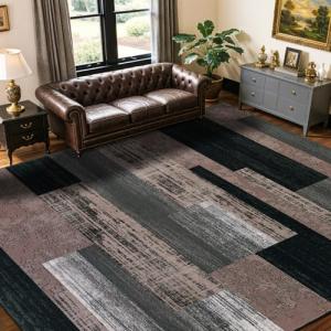 LIANLAM 9x12 Washable Area Rugs for Living Room and Bedroom, Vintage Checkered Pattern Non-Slip Carpet, Stain Resistant Low Pile Soft Rug for Dining Room,Office,Nursery,Kids Room(9x12,Chocolate)