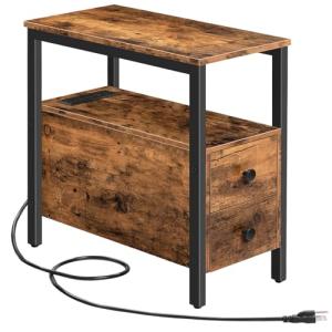 HOOBRO End Table with Charging Station, Narrow Side Table with 2 Drawer & USB Ports & Power Outlets, Nightstand for Small Spaces, for Living Room, Bedroom, Rustic Brown and Black BF541BZ01