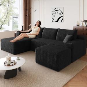 95" Modular Sectional Sofa with Ottoman, Modern Corduroy Cloud Couch with Deep Seat, Boneless Couch Upholstered 3-Seater U-Shaped Sofa for Living Room, No Assembly (Black,Left-Facing Chaise)