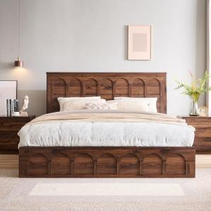 ACCOHOHO King Size Bed Frame Modern with 52" Tall Arched Recessed Headboard and 4 Drawers, Solid Wood Slats Support, Wood Platform, Noise Free, No Box Spring Needed, (Brown)