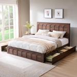 ACCOHOHO King Size Bed Frame Modern with 52" Tall Arched Recessed Headboard and 4 Drawers, Solid Wood Slats Support, Wood Platform, Noise Free, No Box Spring Needed, (Brown)