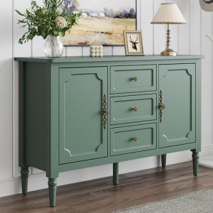 RoyalCraft Buffet Cabinet with 2 Doors & 3 Drawers, Vintage Sideboard with Storage, Painted Coffee Bar Table with Solid Wood Legs, Ideal for Entryway, Living Room, Dining Room, Green