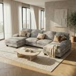 Homall Modular Sectional U Shaped Sofa Couches for Living Room, Comfy Chenille 4 Seat Sofa Set with Removable Pillows, Lounge Chaise Upholstered Couch for Apartment (Chenille, Grey)