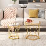 HOOBRO Small Coffee Table Set of 2, Round Coffee End Table with Metal Frame, Glass Top, Gold Side Table for Living Room, Bedroom and Balcony, Modern Style, Gold GD79BZ01