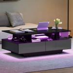 YITAHOME LED Coffee Table with Storage, High Glossy LED Coffee Tables for Living Room, Modern Black Rectangle Coffe Table, Small Center Table with Open Display Shelf & Sliding Drawers, Black