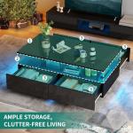 YITAHOME LED Coffee Table with Storage, High Glossy LED Coffee Tables for Living Room, Modern Black Rectangle Coffe Table, Small Center Table with Open Display Shelf & Sliding Drawers, Black