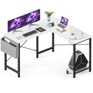 Sweetcrispy L Shaped Desk - Computer Desk Corner Desks Gaming Desk PC Table with CPU Stand Side Bag for Home Office Dorm Sturdy Writing Workstation, White, 50-Inch