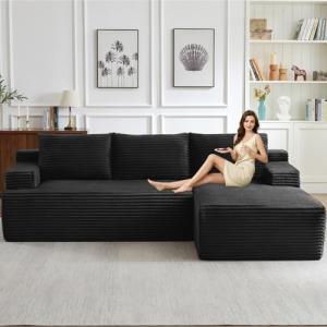 96" Modular Sectional Sofa Couches L-Shape Couch 3 Seat Modular Sofa Corduroy Memory Foam Sectional Boneless Couches for Living Room, Cloud Couch with Oversized Chaise(Black, Right Facing)