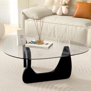 Black Modern Glass Coffee Table, Unique Triangle Coffee Table for Living Room, Tempered Glass Top + Wooden Base, Abstract Contemporary Center Tables for Home Office Bedroom