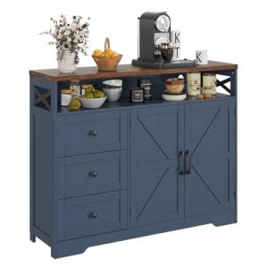 Befrases Farmhouse Buffet Cabinet with Drawers & Open Shelf, Sideboard with Storage, Kitchen Pantry Cabinet Hutch, Coffee Bar Station for Kitchen, Livingroom, 47" L Blue